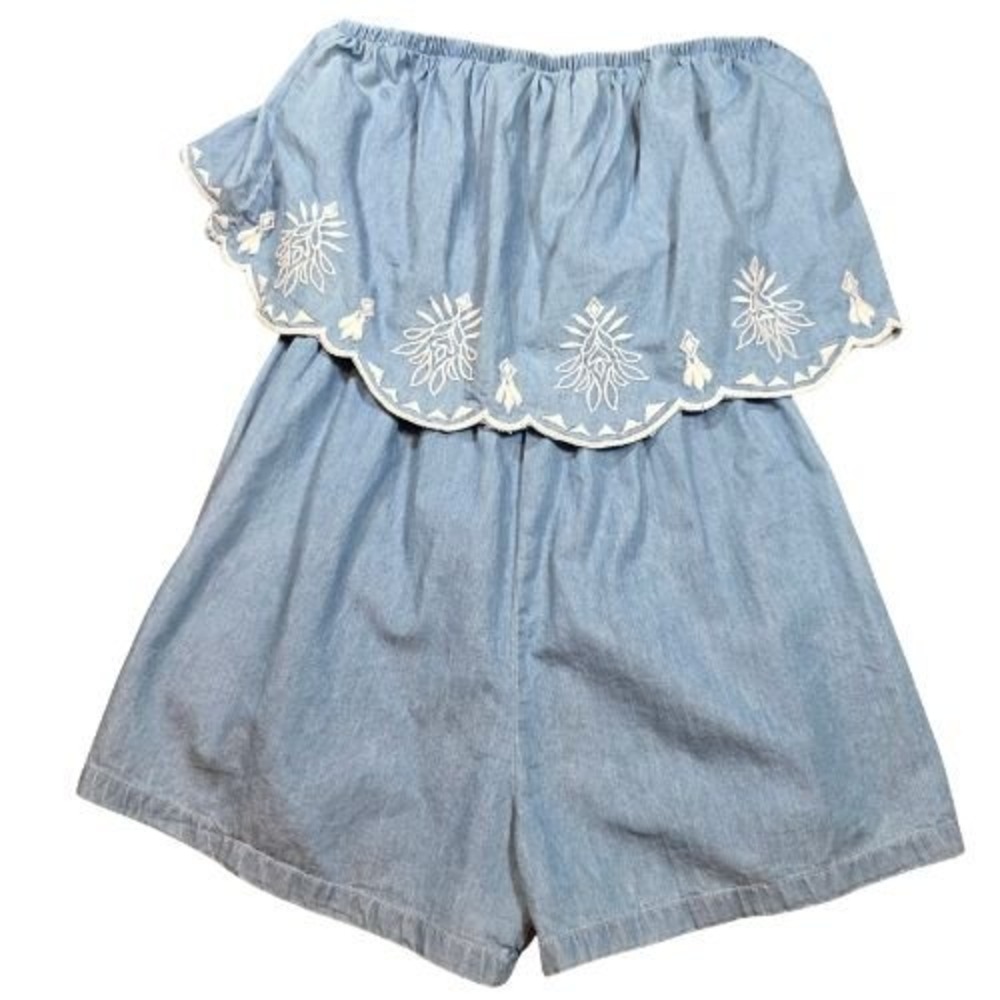 Japna Blue Chambray Strapless Ruffle Floral Embroidered Romper Womens Mes Boho